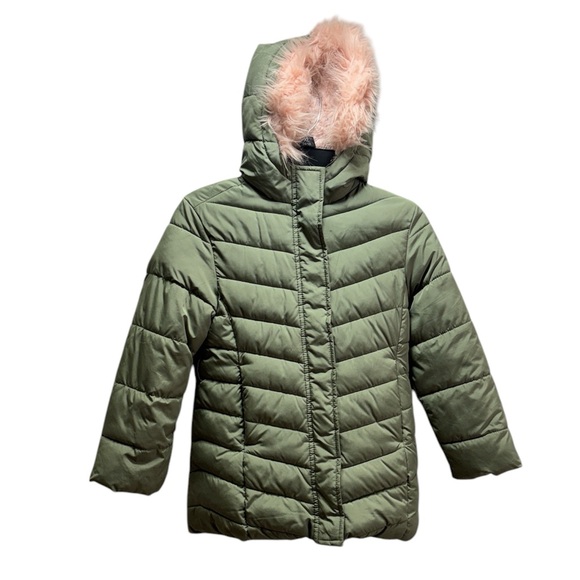 The Children’s Place Girls Long Puffer Jacket w/Pink Fur Hood Olive Size S 5/6 - Picture 1 of 9